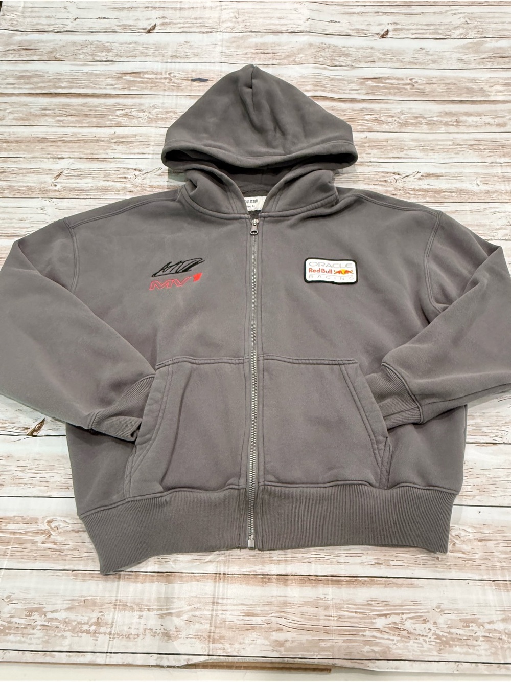Hollister extra small Gray Full-Zip Hooded Jacket with Racing Patch